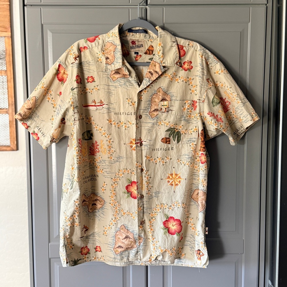 Tommy Hilfiger Vintage 90s Hula Hawaiian Map Print Button Down Shirt, Tan, L